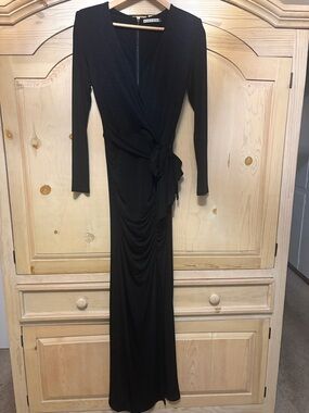 Alice + Olivia Black Long-Sleeve Wrap Gown with Side Tie